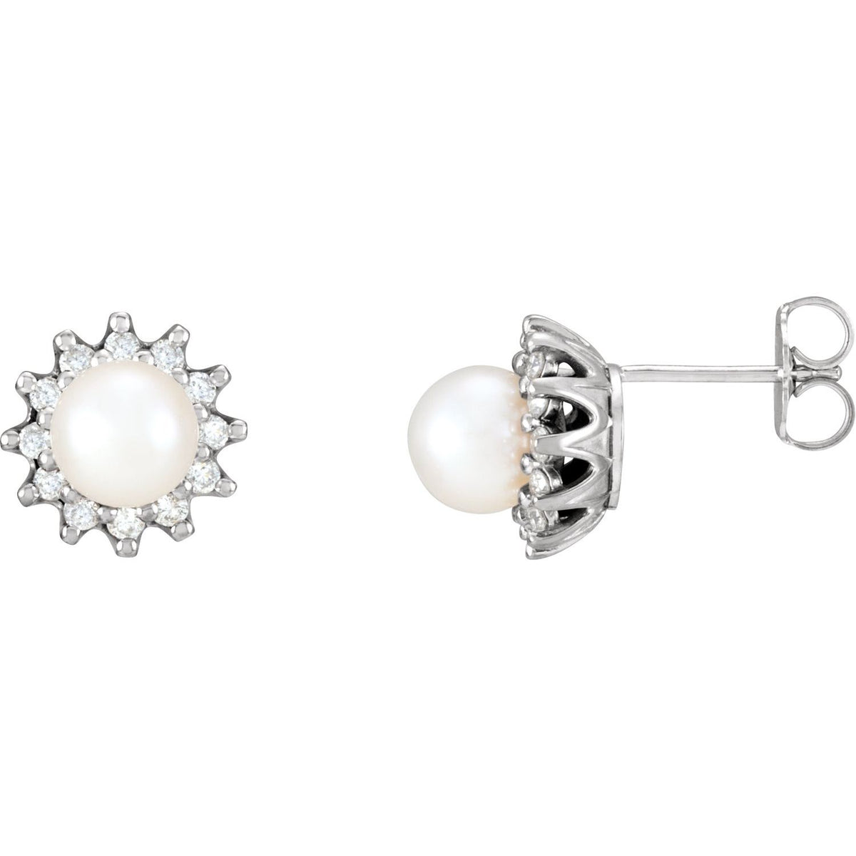 14K White Gold Cultured White Akoya Pearl & 1/3 CTW Natural Diamond Earrings