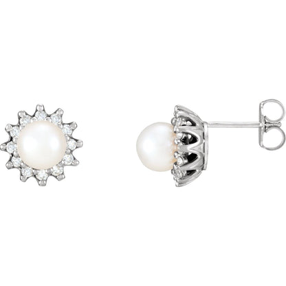 14K White Gold Cultured White Akoya Pearl & 1/3 CTW Natural Diamond Earrings