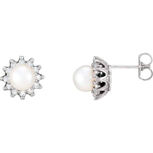 14K White Gold Cultured White Akoya Pearl & 1/3 CTW Natural Diamond Earrings