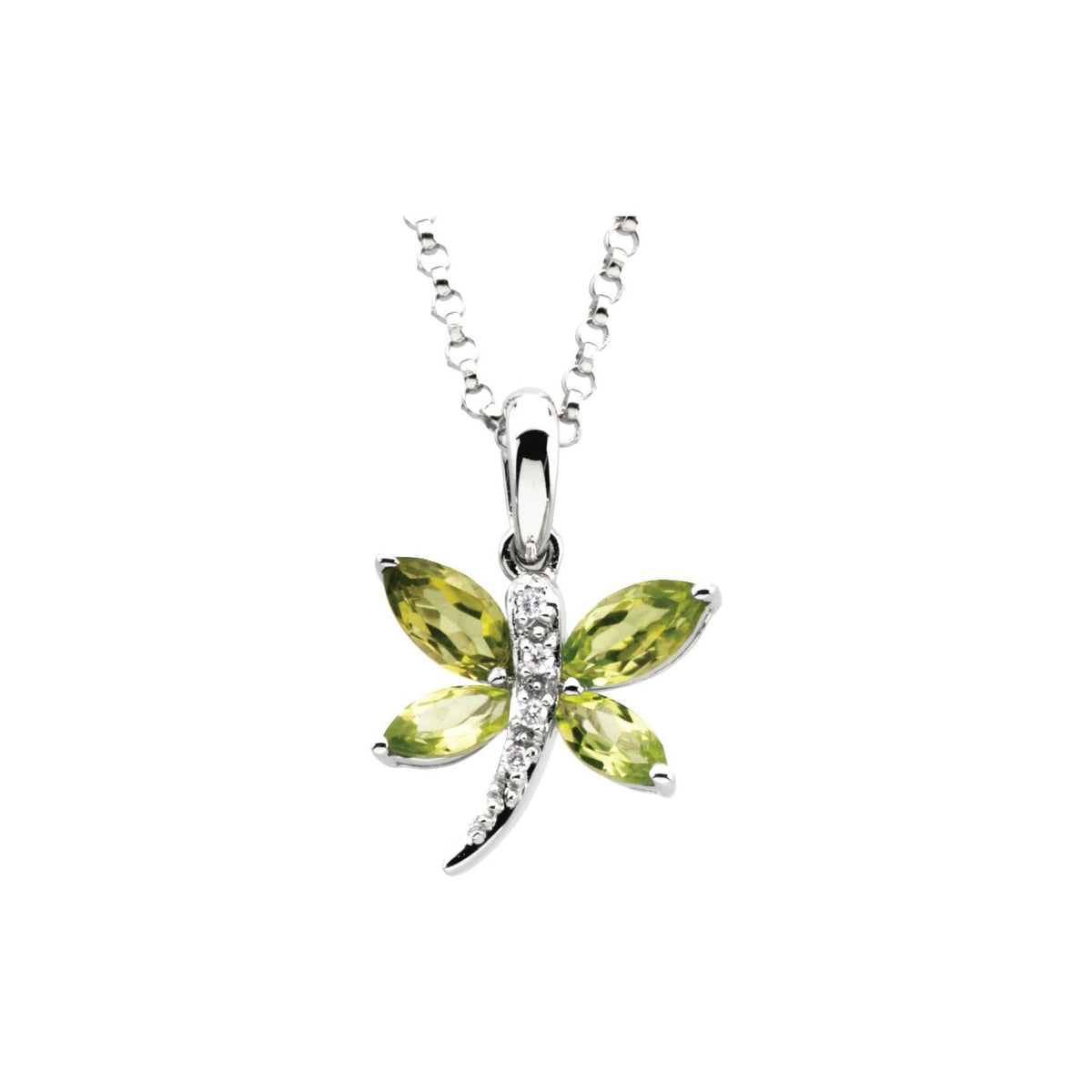 14K White Gold Natural Peridot & .02 CT Natural Diamond Dragonfly 18" Necklace