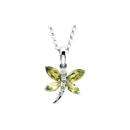 14K White Gold Natural Peridot & .02 CT Natural Diamond Dragonfly 18" Necklace