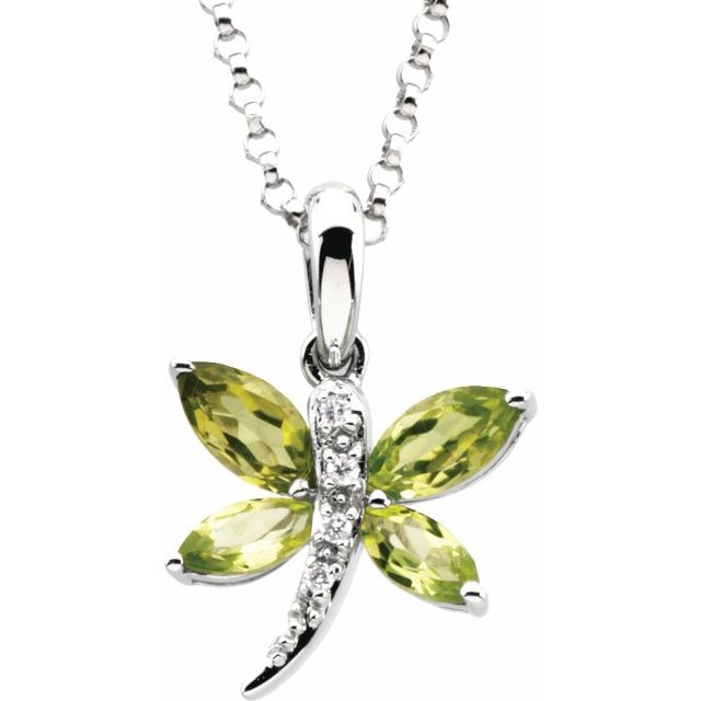 14K White Gold Natural Peridot & .02 CT Natural Diamond Dragonfly 18" Necklace