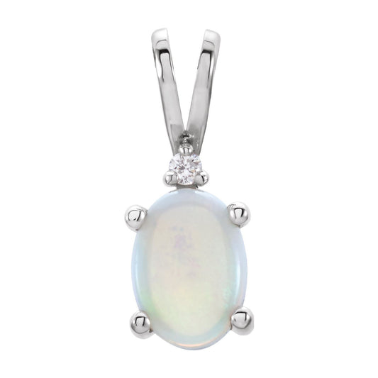14K White Gold Natural White Opal & .01 CT Natural Diamond Pendant