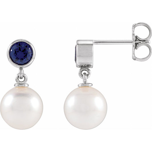 14K White Gold Cultured White Akoya Pearl & Lab-Grown Blue Sapphire Earrings