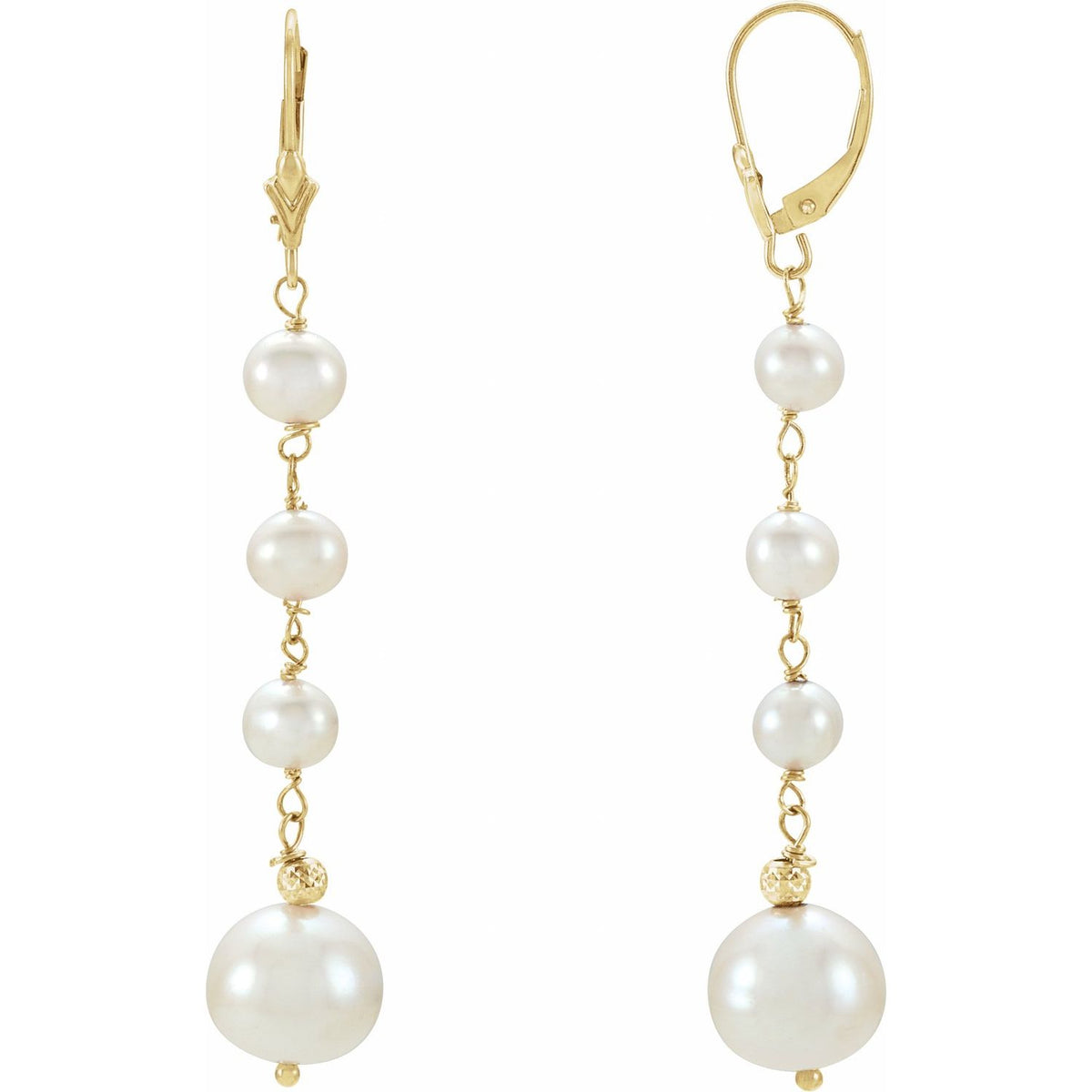 14K Yellow Gold Cultured White Freshwater Pearl Earrings, 9.9 mm x 60.5 mm