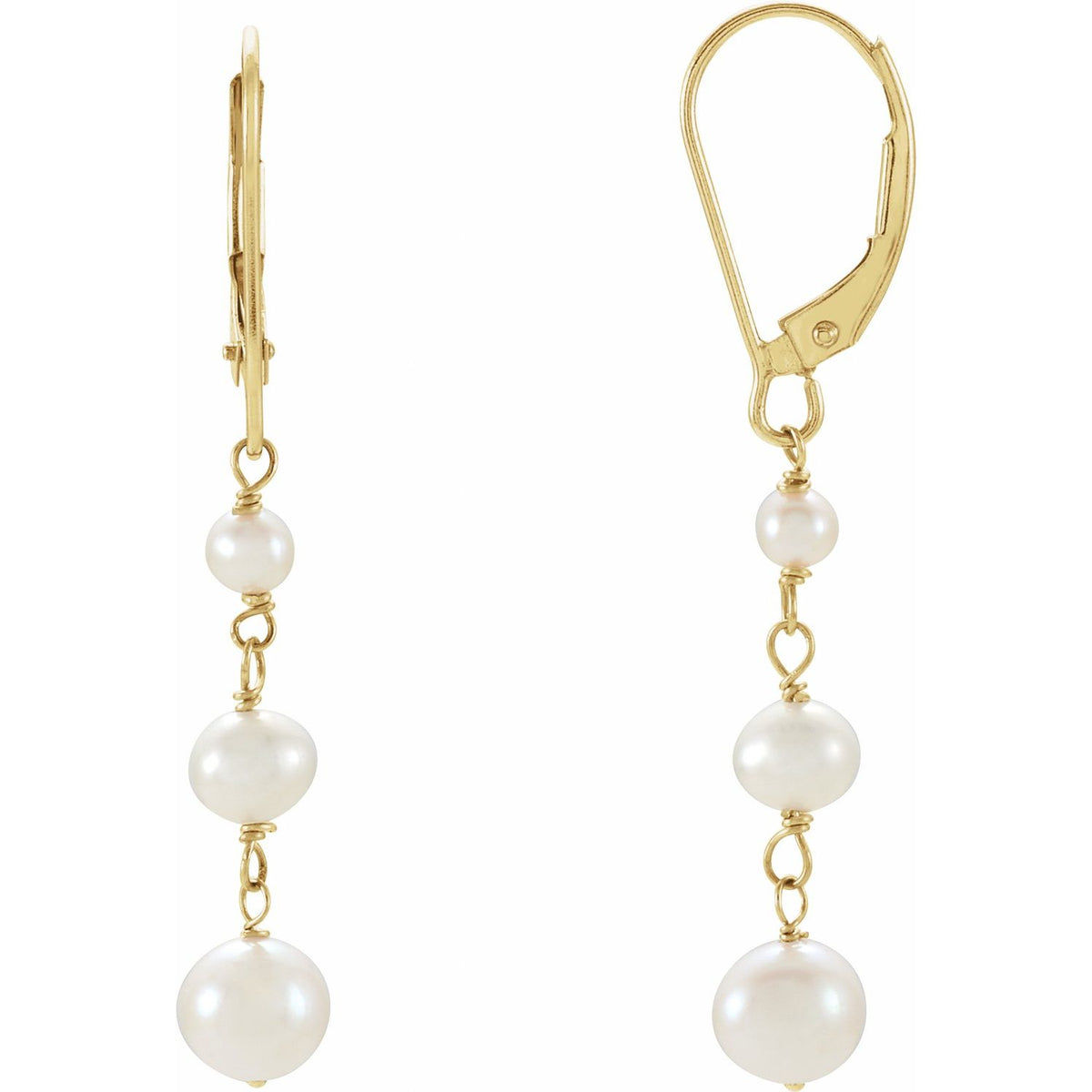 14K Yellow Gold Cultured White Freshwater Pearl Earrings, 5.4 mm x 37.9 mm