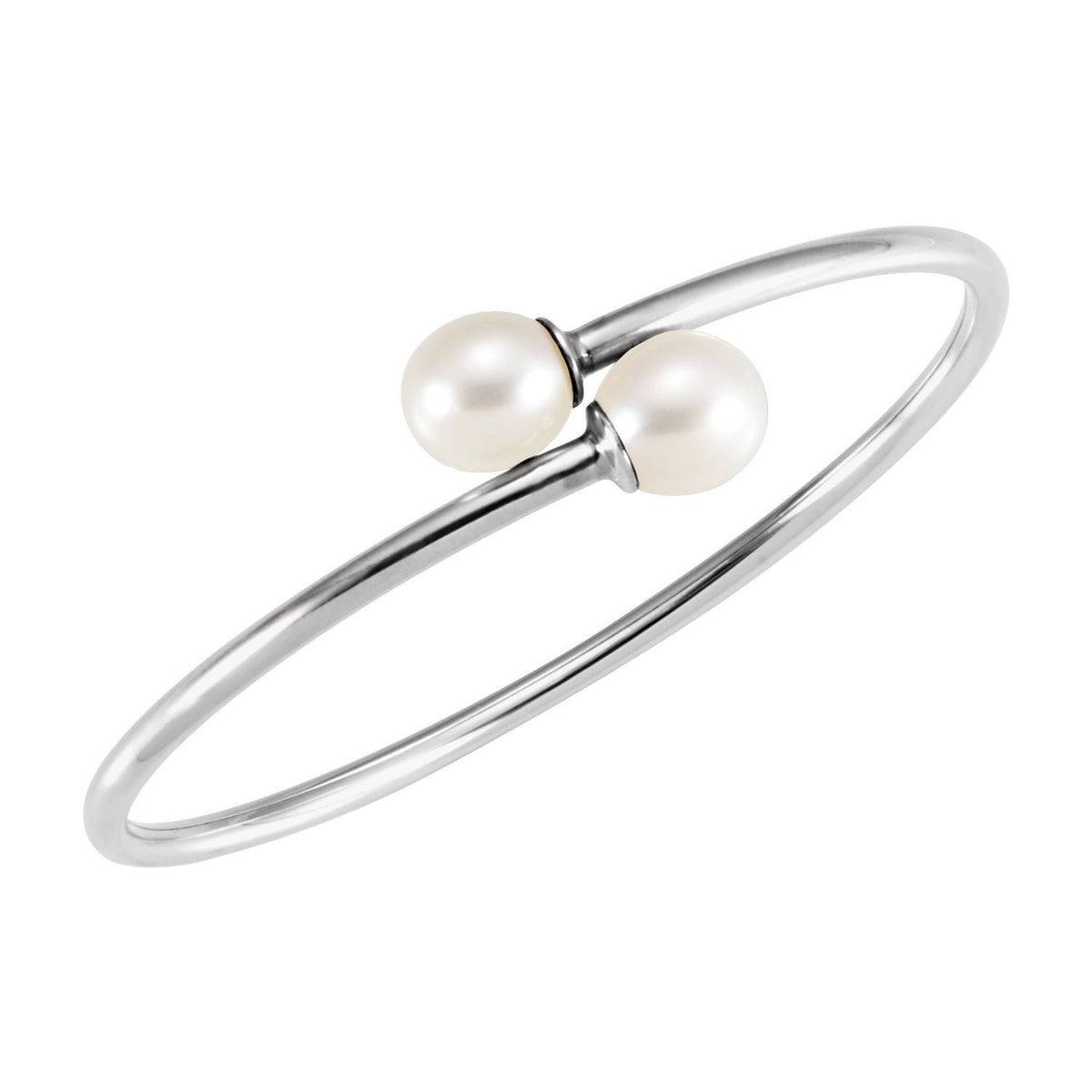 Sterling Silver Cultured White Freshwater Pearl Flexible Bangle Bracelet