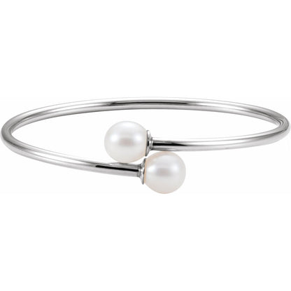Sterling Silver Cultured White Freshwater Pearl Flexible Bangle Bracelet