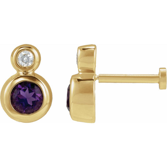 14K Yellow Gold Natural Amethyst & .02 CT Natural Diamond Earring