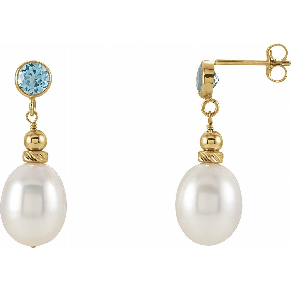 14K Yellow Gold Cultured White Freshwater Pearl & Natural Swiss Blue Topaz Earrings