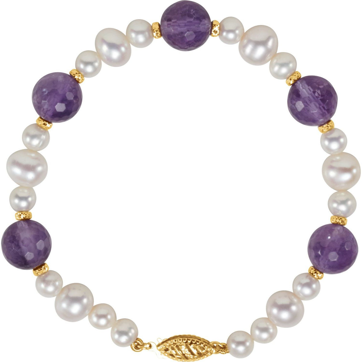 14K Yellow Gold Natural Amethyst & Cultured White Freshwater Pearl 7 1/2" Bracelet