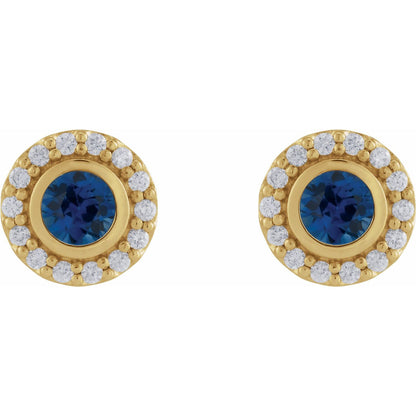 14K Yellow Gold Lab-Grown Blue Sapphire & 1/5 CTW Natural Diamond Halo-Style Stud Earrings