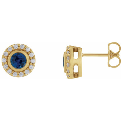 14K Yellow Gold Lab-Grown Blue Sapphire & 1/5 CTW Natural Diamond Halo-Style Stud Earrings