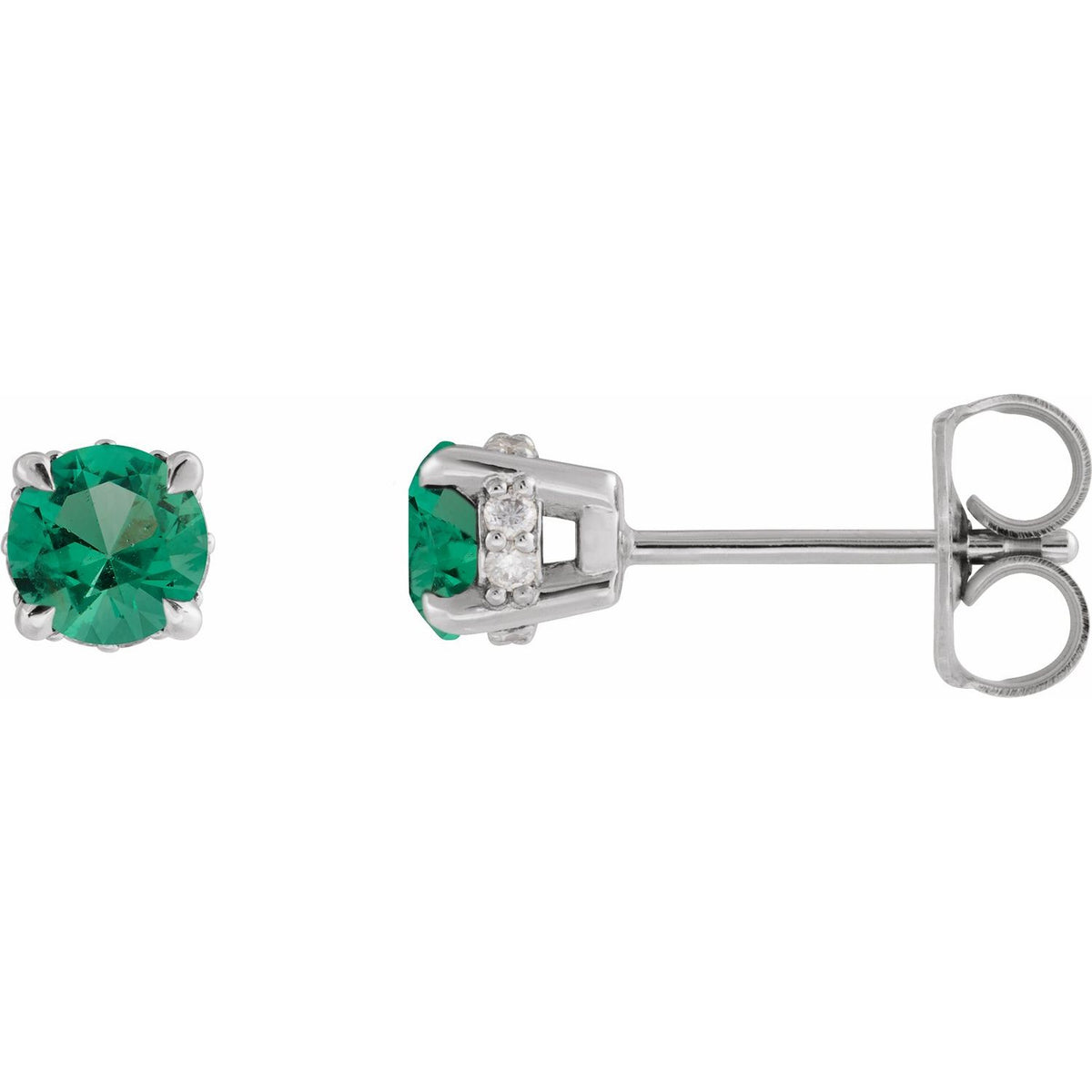 14K White Gold Lab-Grown Emerald & .06 CTW Natural Diamond Semi-Set Hidden Halo-Style Stud Earrings