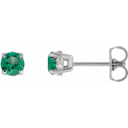 14K White Gold Lab-Grown Emerald & .06 CTW Natural Diamond Semi-Set Hidden Halo-Style Stud Earrings