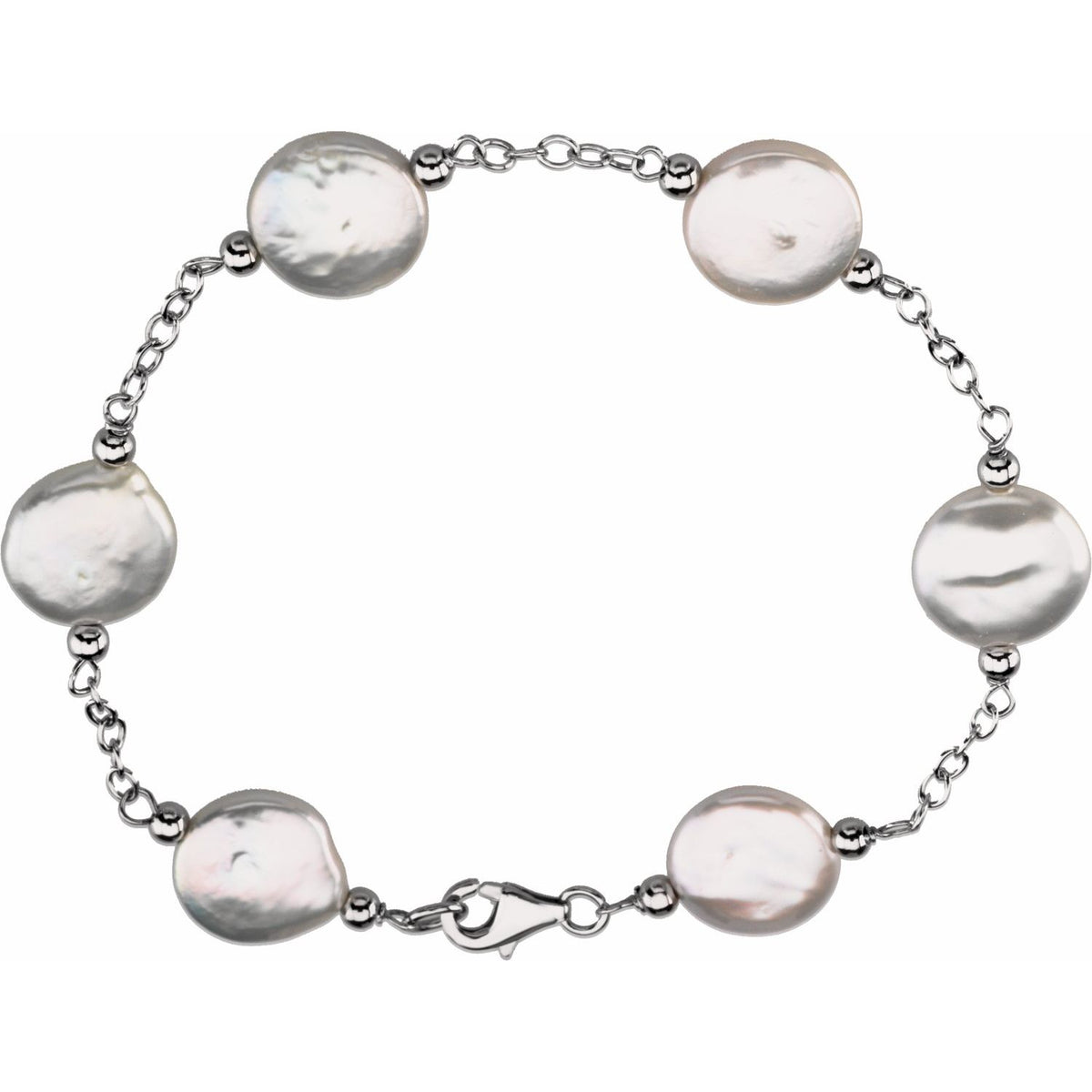 Sterling Silver 12- Cultured White Freshwater Pearl Coin 7" Bracelet