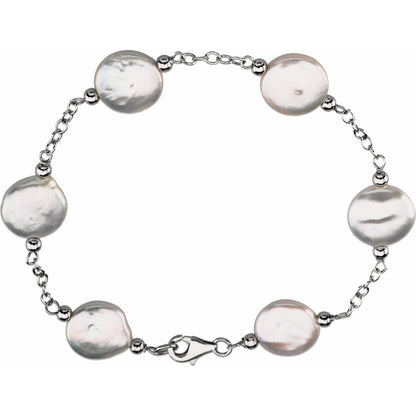 Sterling Silver 12- Cultured White Freshwater Pearl Coin 7" Bracelet