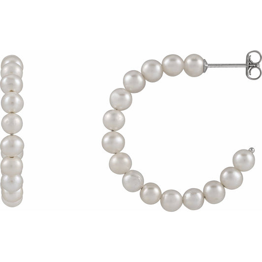 Sterling Silver Cultured White Freshwater Pearl Hoop Earrings, 4.88 mm x 30 mm