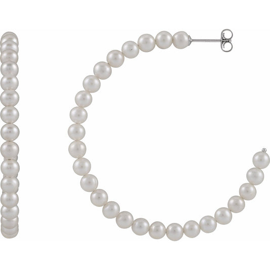 Sterling Silver Cultured White Freshwater Pearl Hoop Earrings, 4.9 mm x 55 mm