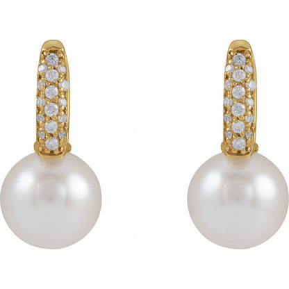 14K Yellow Gold Cultured White Akoya Pearl & 1/6 CTW Natural Diamond Earrings