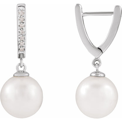 14K White Gold Cultured South Sea Pearl & 1/10 CTW Natural Diamond Earrings