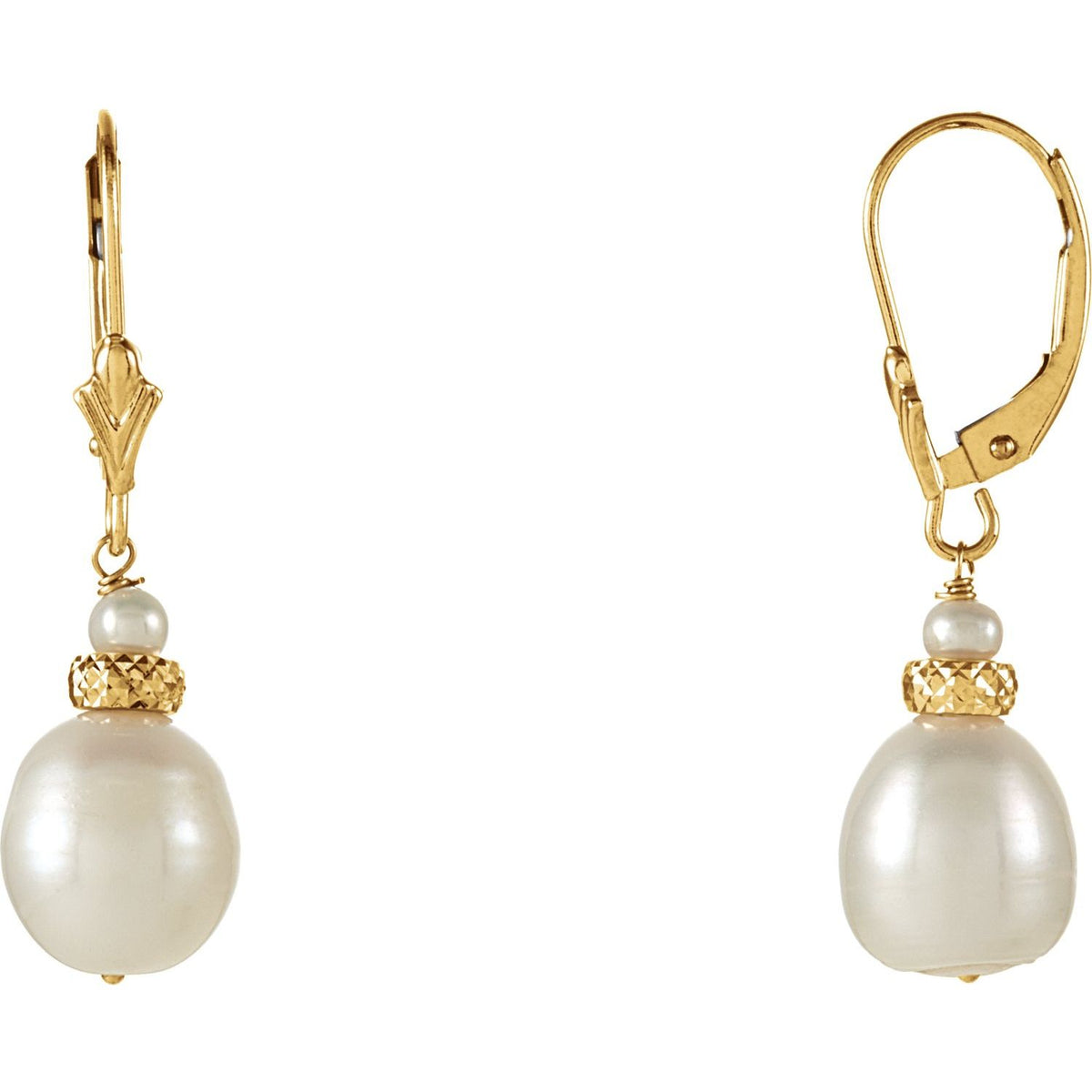 14K Yellow Gold Cultured White Freshwater Pearl Earrings, 8.94 x 32.25 mm