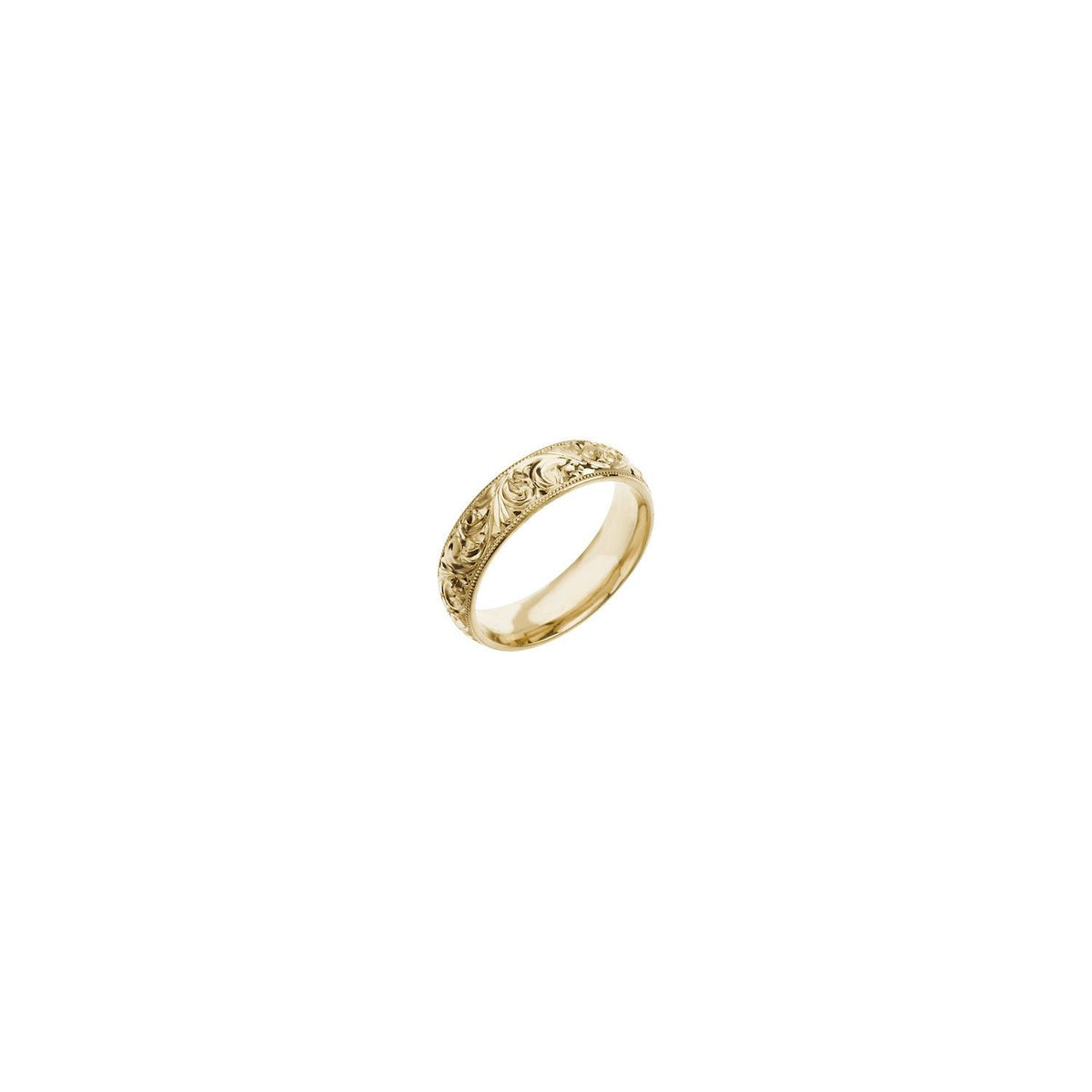 14K Yellow Gold Hand-Engraved Milgrain Stepped-Edge Sculptural Comfort-Fit Half Round Band