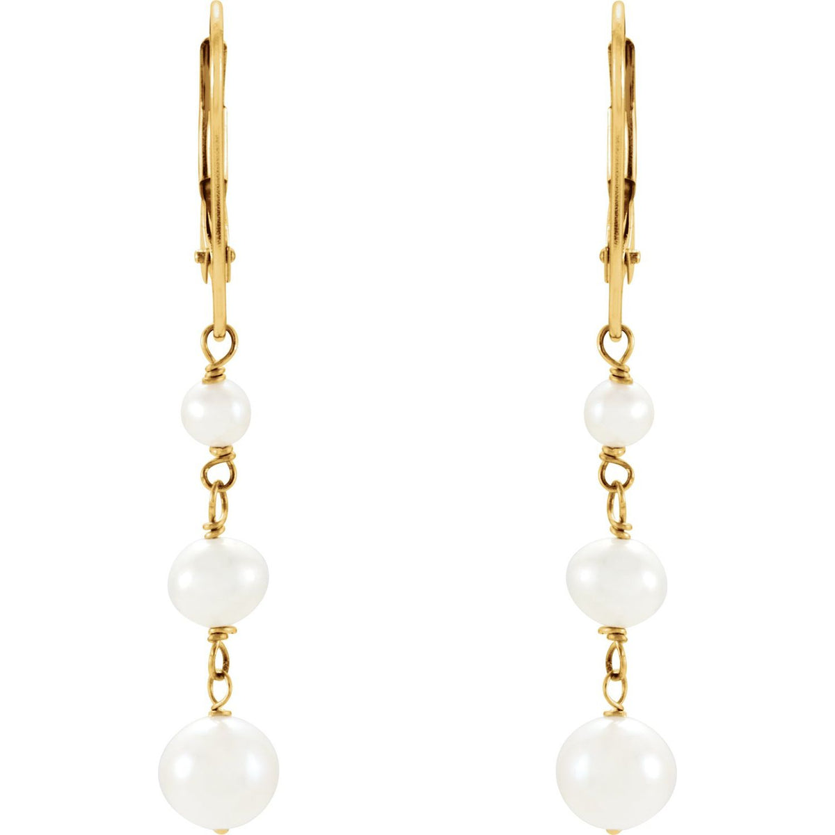 14K Yellow Gold Cultured White Freshwater Pearl Earrings, 5.4 mm x 37.9 mm