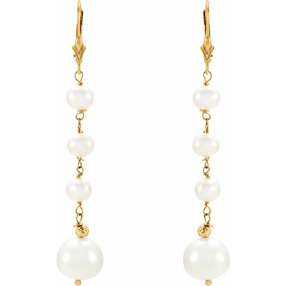 14K Yellow Gold Cultured White Freshwater Pearl Earrings, 9.9 mm x 60.5 mm