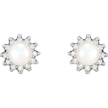 14K White Gold Cultured White Akoya Pearl & 1/3 CTW Natural Diamond Earrings