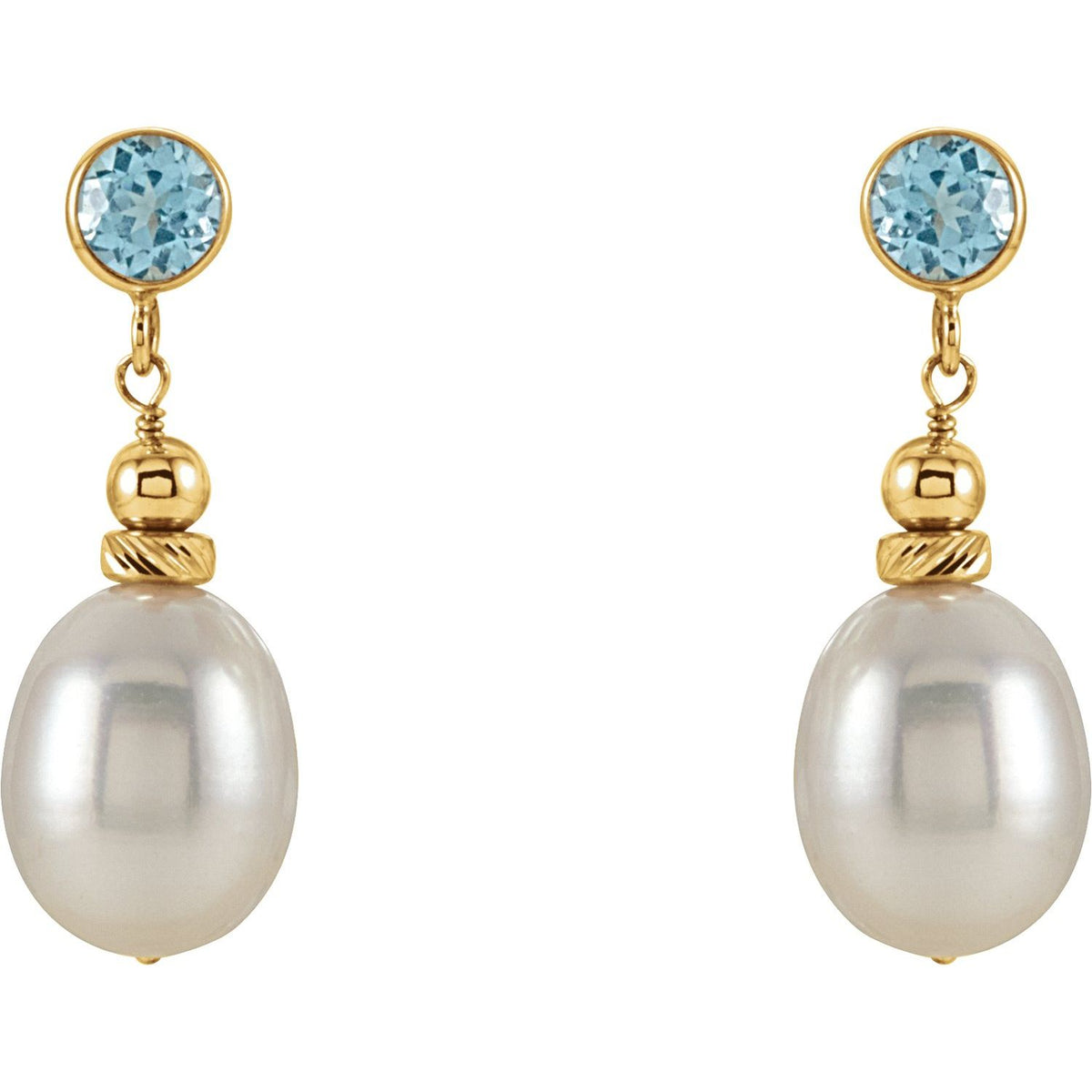 14K Yellow Gold Cultured White Freshwater Pearl & Natural Swiss Blue Topaz Earrings