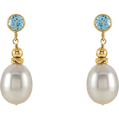 14K Yellow Gold Cultured White Freshwater Pearl & Natural Swiss Blue Topaz Earrings