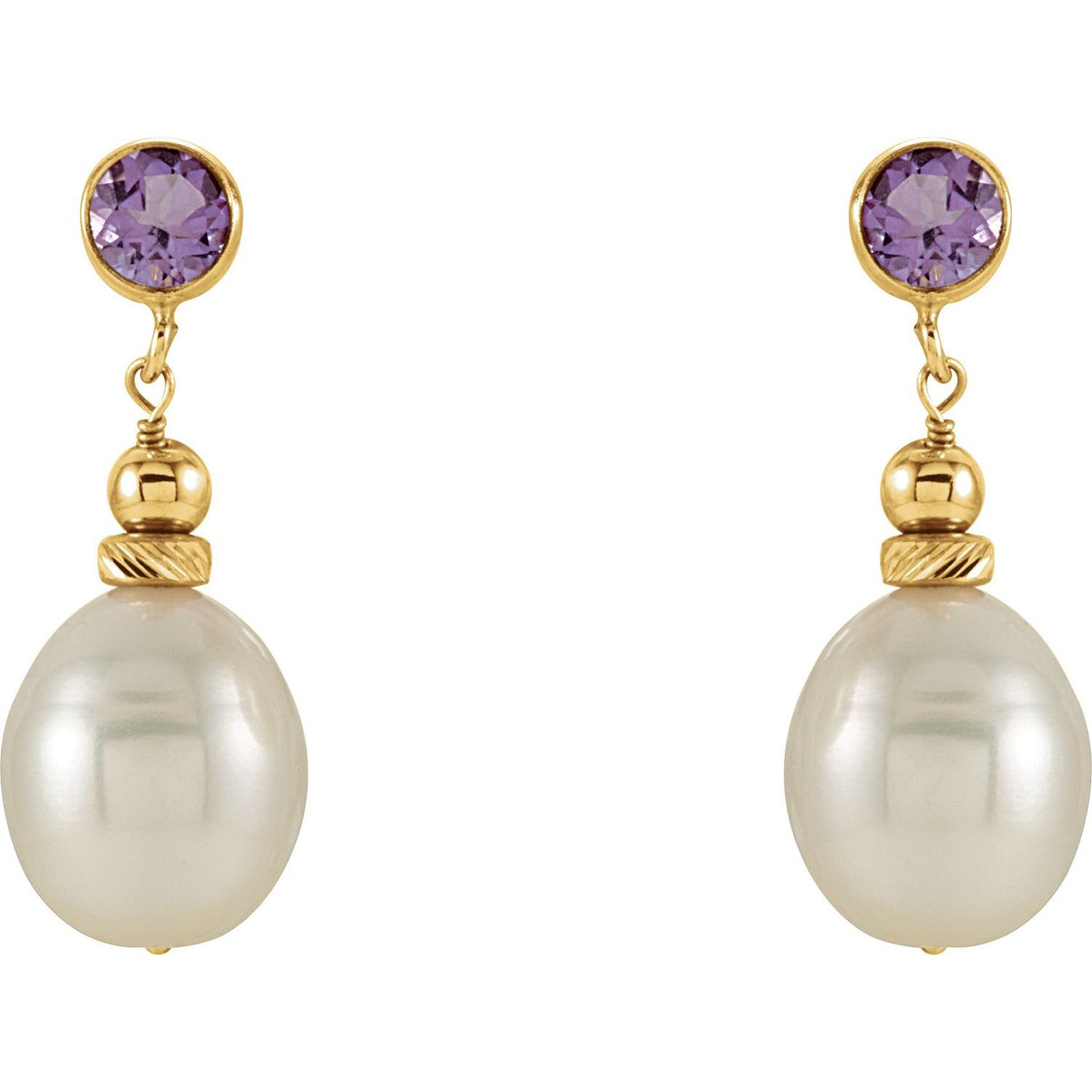 14K Yellow Gold Cultured White Freshwater Pearl & Natural Amethyst Earrings
