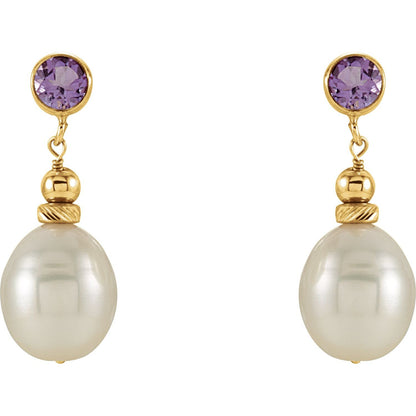14K Yellow Gold Cultured White Freshwater Pearl & Natural Amethyst Earrings