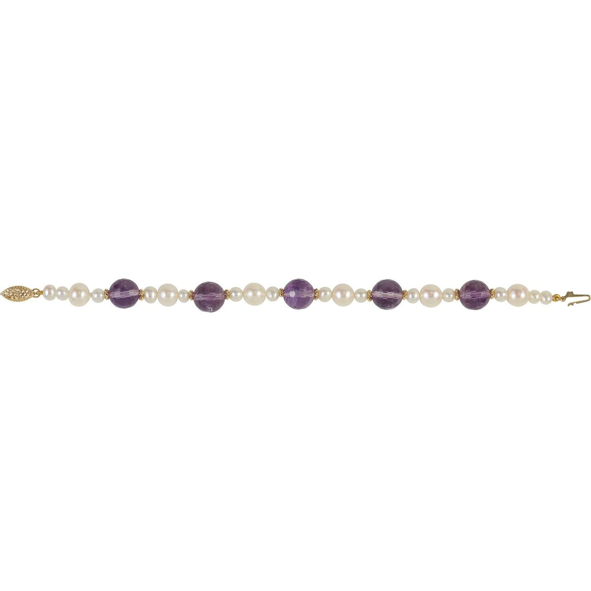 14K Yellow Gold Natural Amethyst & Cultured White Freshwater Pearl 7 1/2" Bracelet