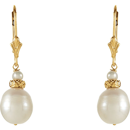 14K Yellow Gold Cultured White Freshwater Pearl Earrings, 8.94 x 32.25 mm