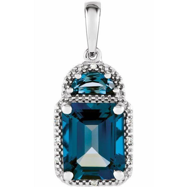 14K White Gold Natural London Blue Topaz & .03 CTW Natural Diamond Pendant