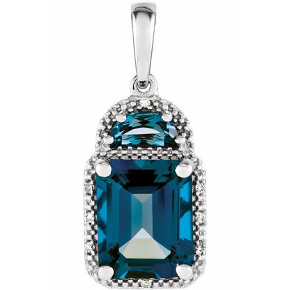 14K White Gold Natural London Blue Topaz & .03 CTW Natural Diamond Pendant