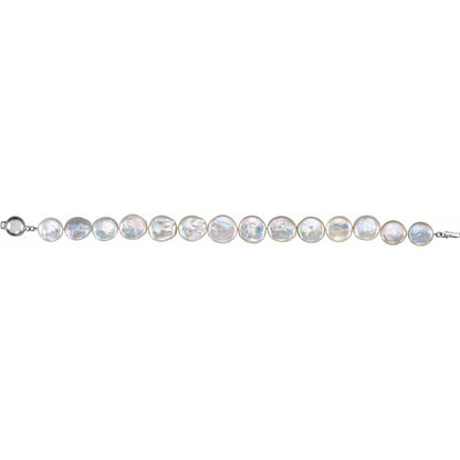 Sterling Silver 13- Cultured White Freshwater Pearl Coin 7 3/4" Bracelet