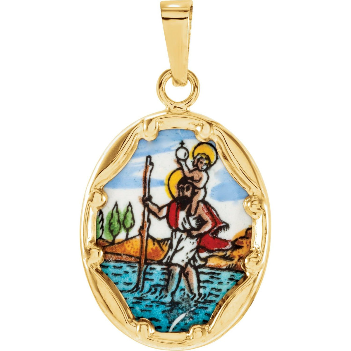14K Yellow Gold 13x10 mm St. Christopher Hand-Painted Porcelain Medal