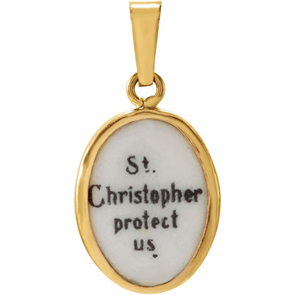 14K Yellow Gold 13x10 mm St. Christopher Hand-Painted Porcelain Medal