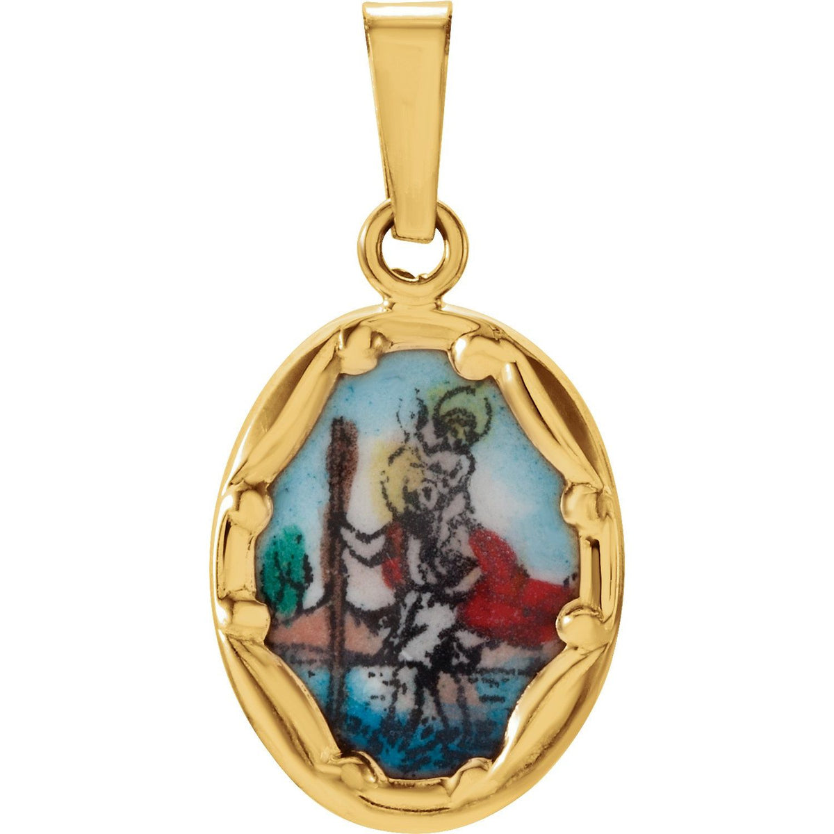 14K Yellow Gold 13x10 mm St. Christopher Hand-Painted Porcelain Medal
