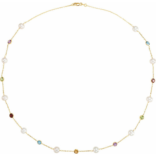 14K Yellow Gold Cultured White Freshwater Pearl & Multi-Gemstone 10-Station 18" Necklace
