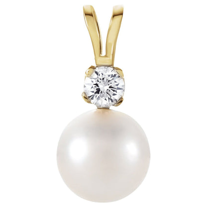 14K Yellow Gold Cultured White Akoya Pearl & .025 CTW Natural Diamond Pendant