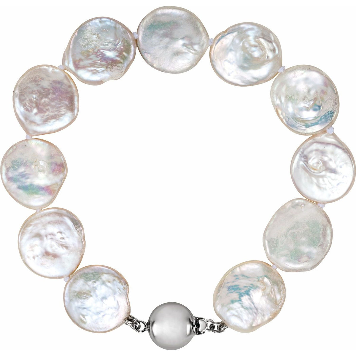 Sterling Silver 13- Cultured White Freshwater Pearl Coin 7 3/4" Bracelet