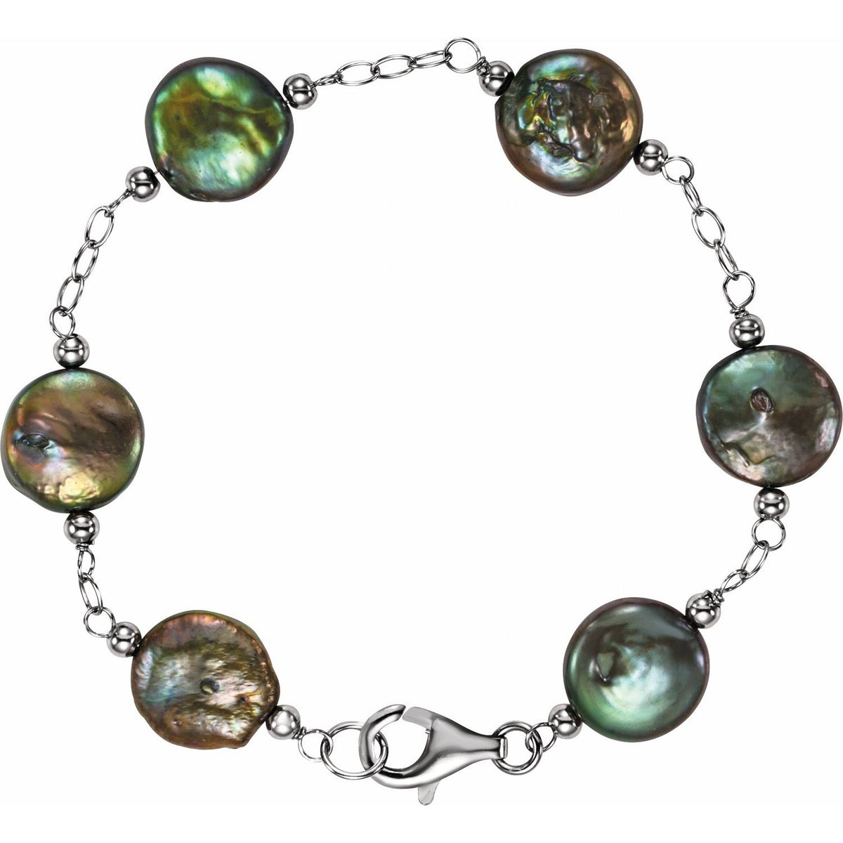 Sterling Silver 12- Cultured Black Freshwater Pearl Coin 7 1/2" Bracelet
