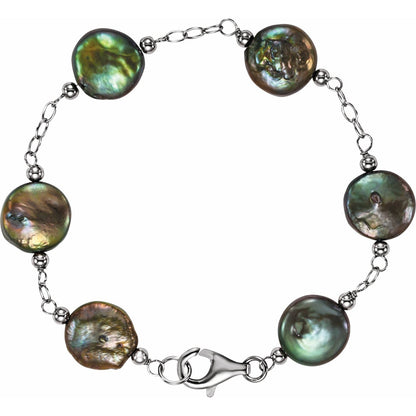 Sterling Silver 12- Cultured Black Freshwater Pearl Coin 7 1/2" Bracelet