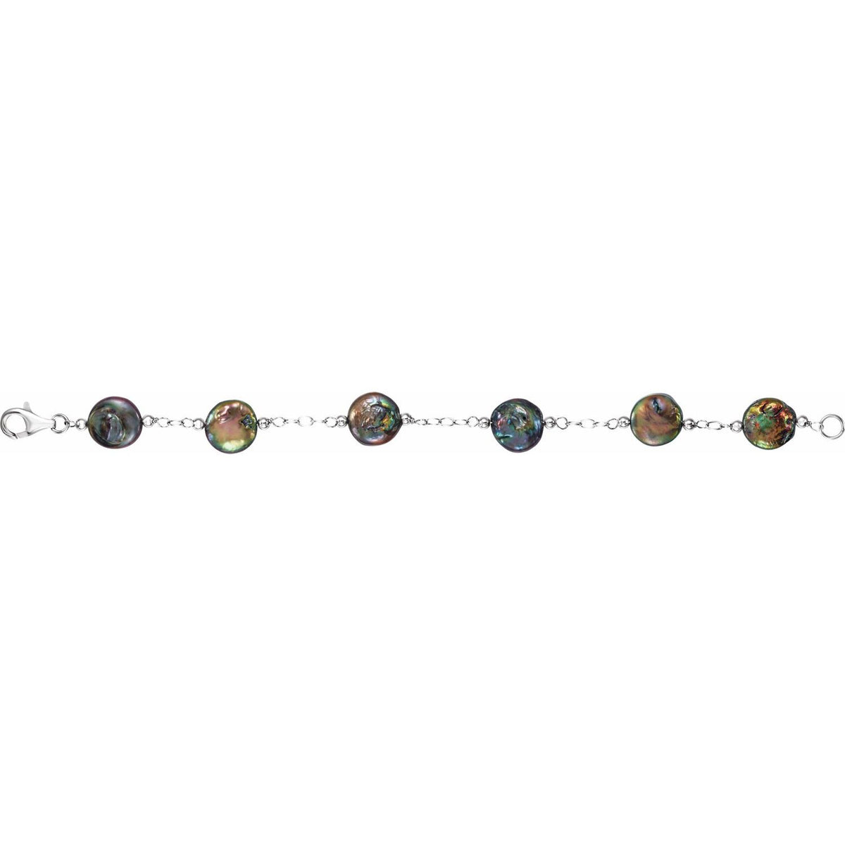 Sterling Silver 12- Cultured Black Freshwater Pearl Coin 7 1/2" Bracelet