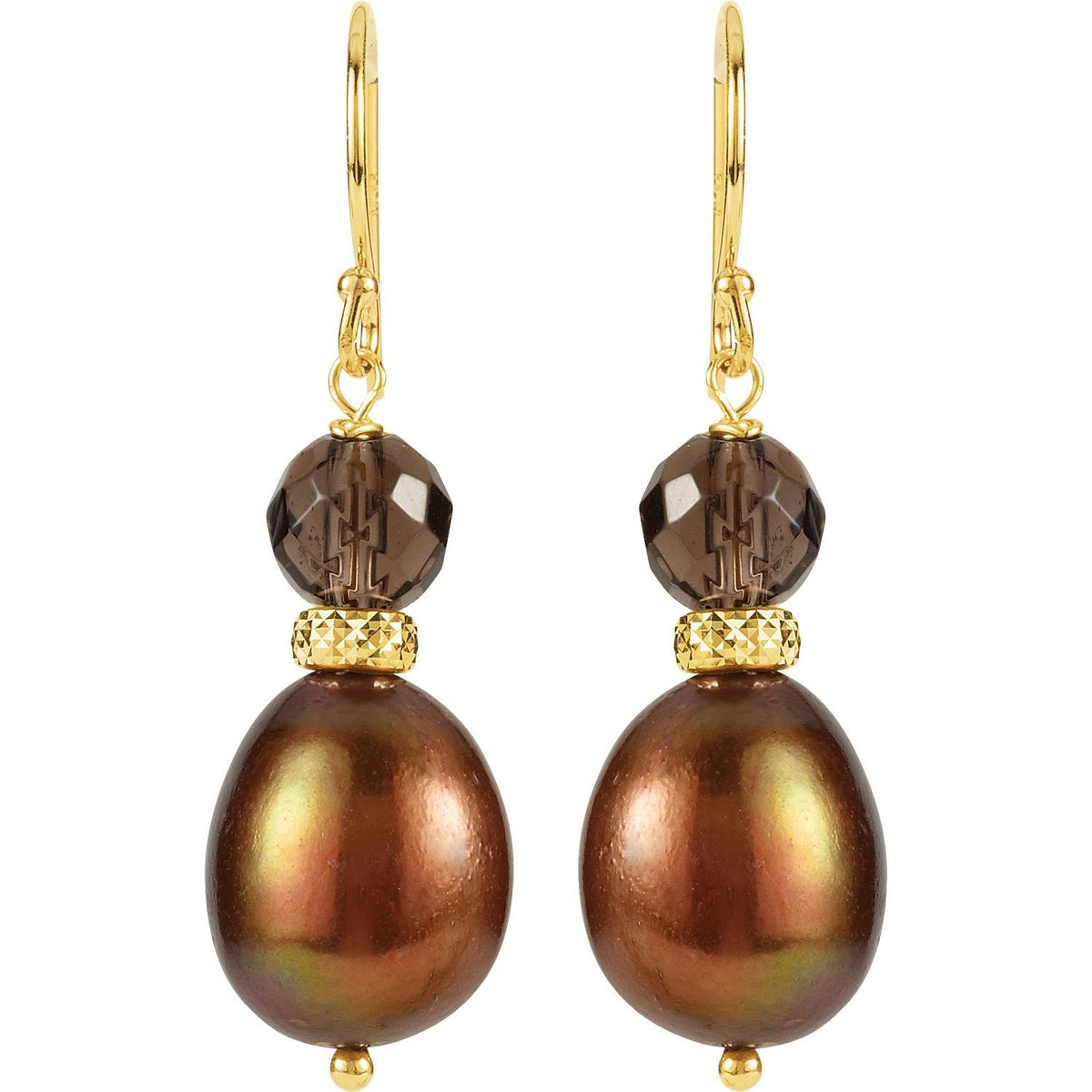 14K Yellow Gold Cultured Chocolate Freshwater Pearl & Natural Smoky Quartz Earrings