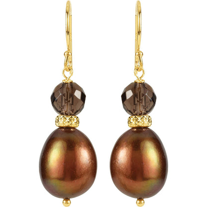 14K Yellow Gold Cultured Chocolate Freshwater Pearl & Natural Smoky Quartz Earrings
